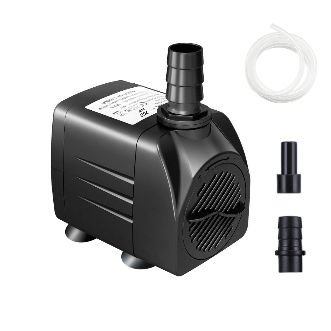 HSB-750 15W submersible hydroponic water pump with adjustable flow, tubing and threaded barb fittings — Custom Hydroponic Solutions, Woodstock GA