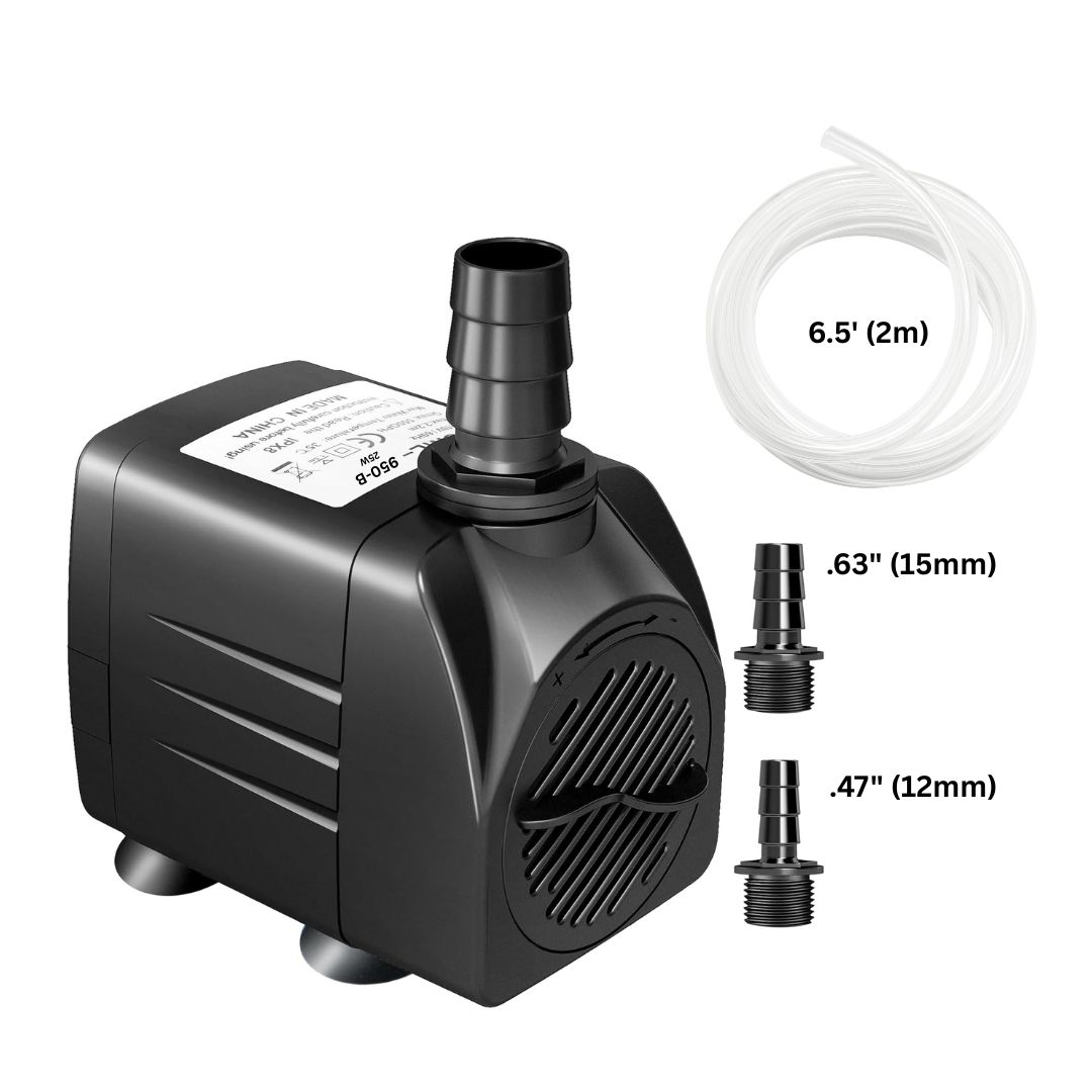 HSB-950B 35W submersible hydroponic water pump with 2m tubing and 12mm/15mm threaded barb fittings — Custom Hydroponic Solutions, Woodstock GA